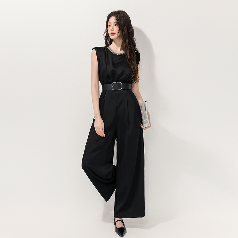 Black profession with belt temperament sleeveless jumpsuit