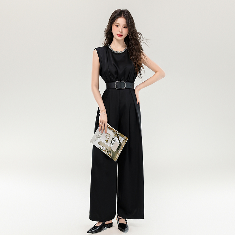 Black profession with belt temperament sleeveless jumpsuit