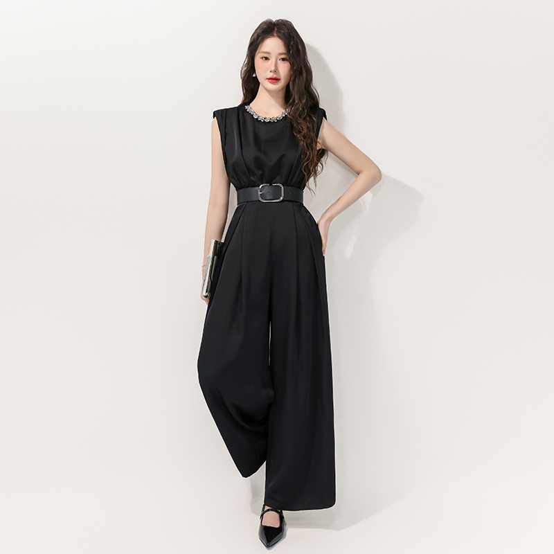 Black profession with belt temperament sleeveless jumpsuit