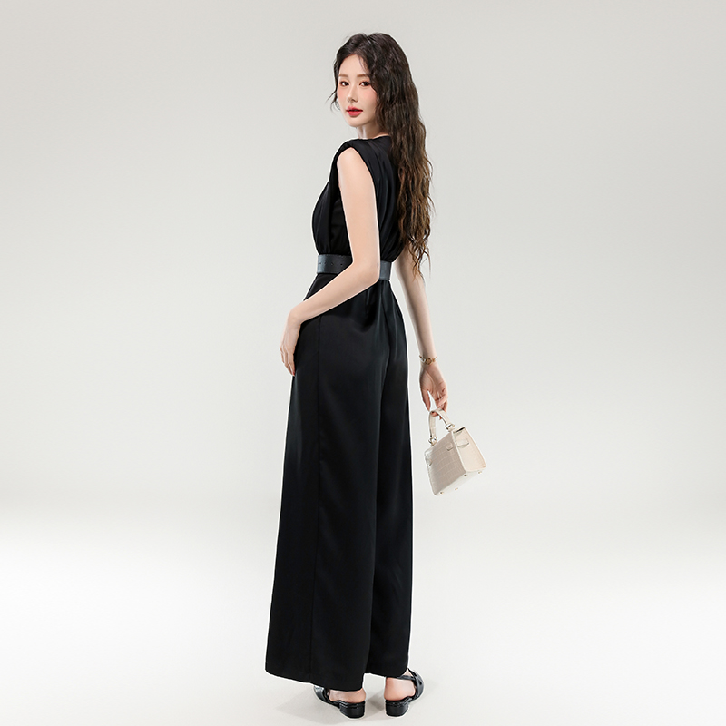 Black profession with belt temperament sleeveless jumpsuit