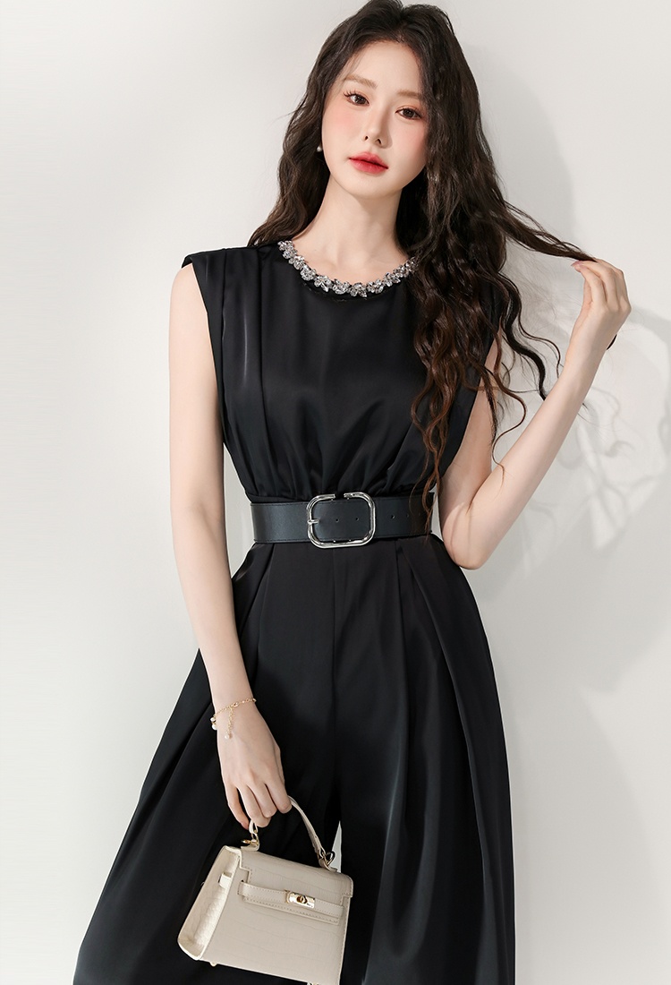 Black profession with belt temperament sleeveless jumpsuit