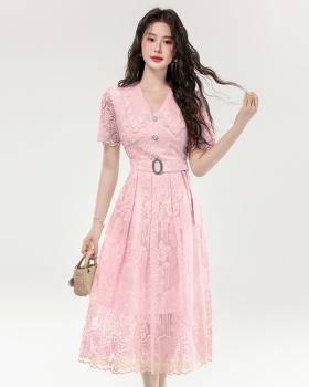 Pinched waist big skirt long dress lace hollow dress
