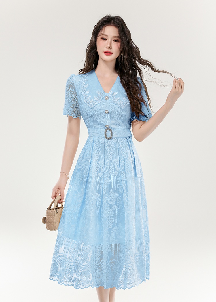 Pinched waist big skirt long dress lace hollow dress