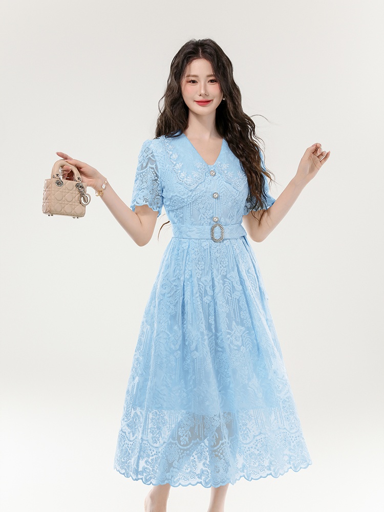Pinched waist big skirt long dress lace hollow dress