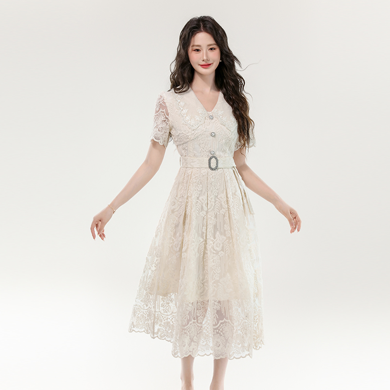 Pinched waist big skirt long dress lace hollow dress