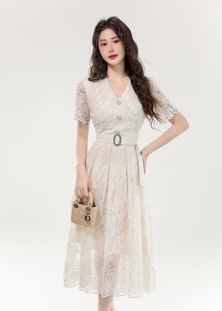 Pinched waist big skirt long dress lace hollow dress