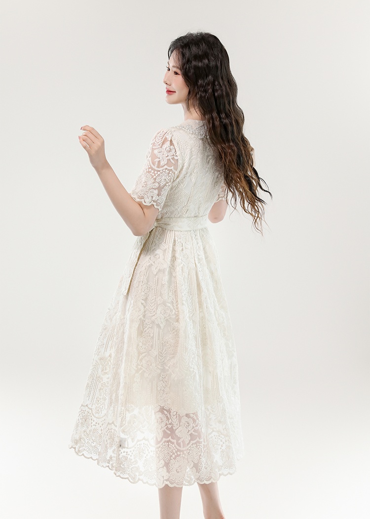 Pinched waist big skirt long dress lace hollow dress