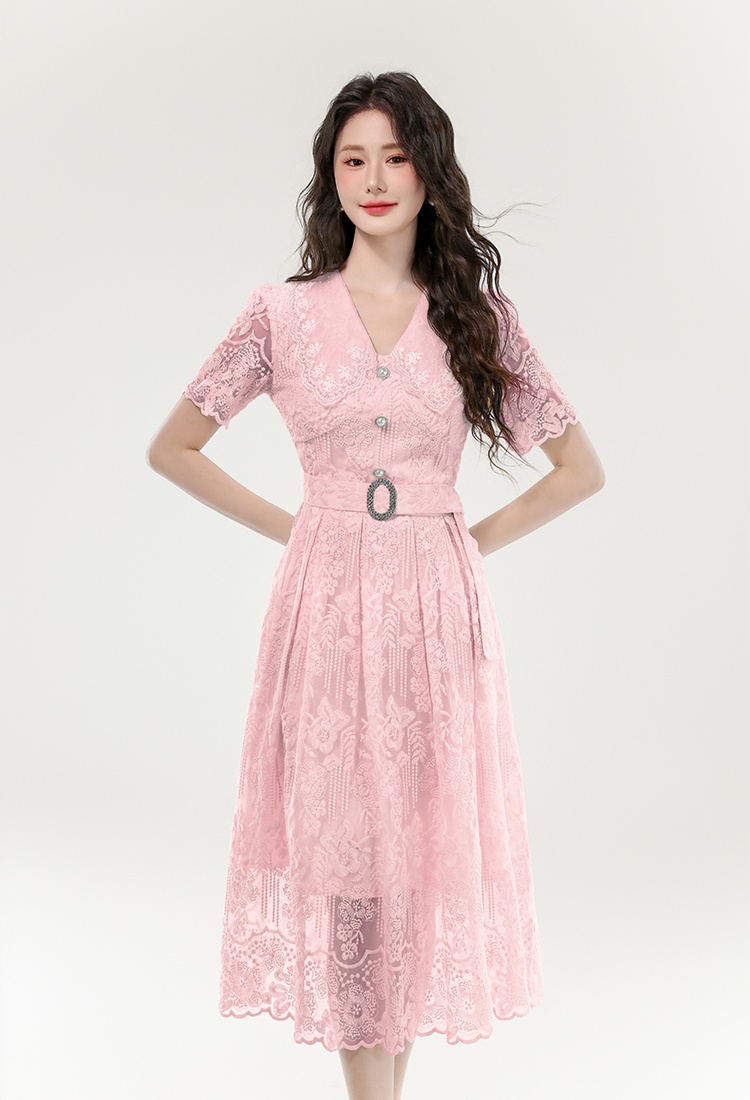 Pinched waist big skirt long dress lace hollow dress