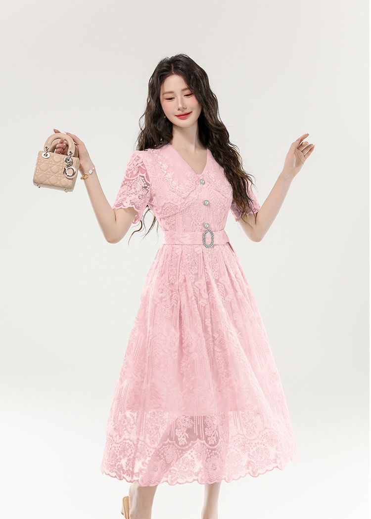 Pinched waist big skirt long dress lace hollow dress
