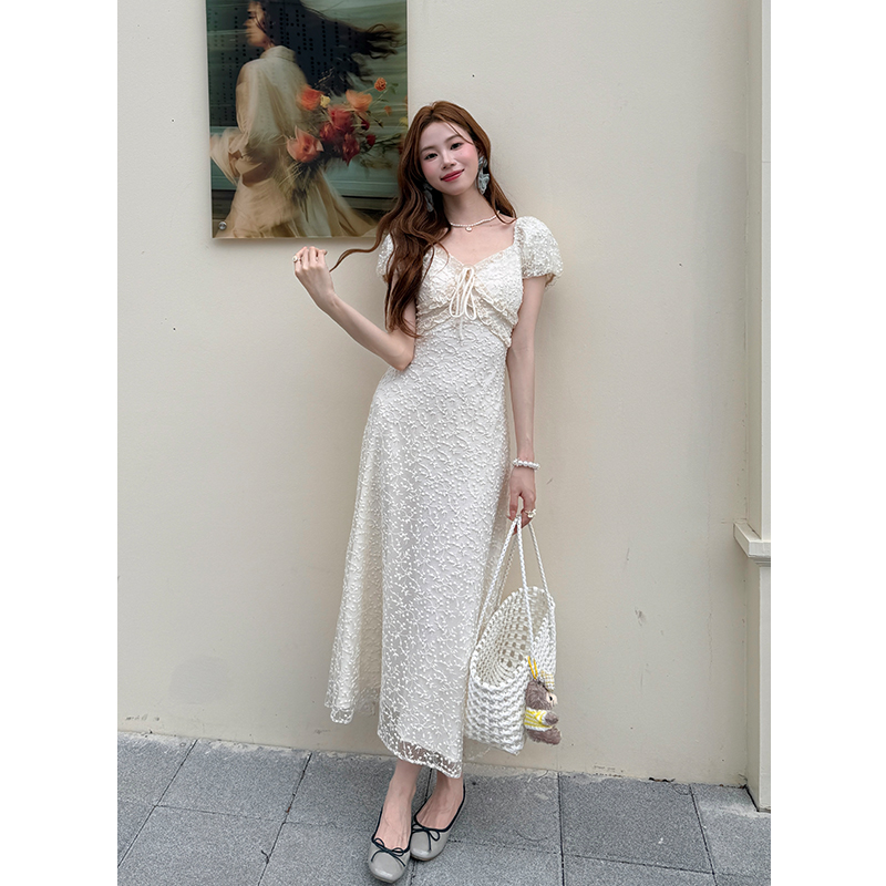 Pure France style short sleeve V-neck elegant lace dress