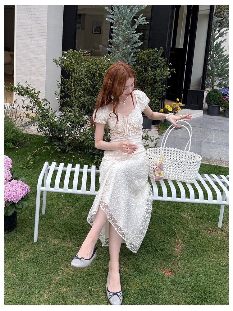 Pure France style short sleeve V-neck elegant lace dress