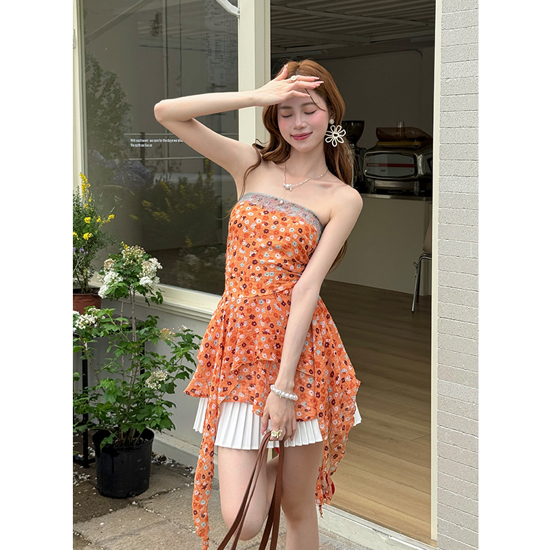 Summer irregular chiffon shirt lace floral small shirt