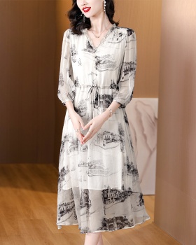 Slim real silk printing light luxury ink temperament dress