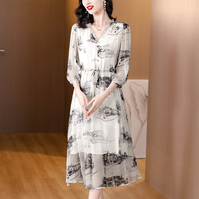 Slim real silk printing light luxury ink temperament dress