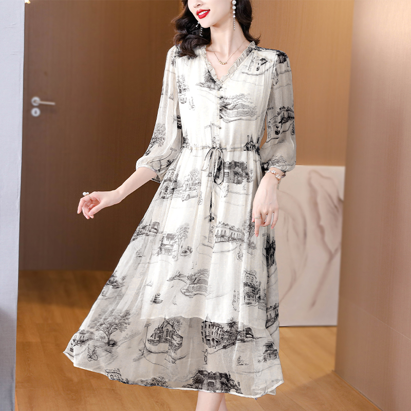 Slim real silk printing light luxury ink temperament dress
