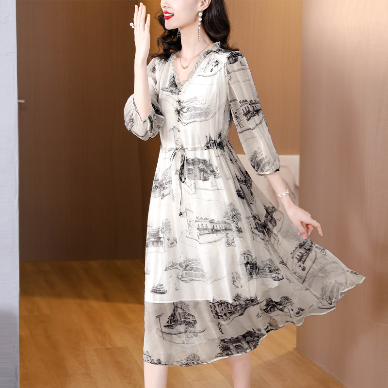 Slim real silk printing light luxury ink temperament dress