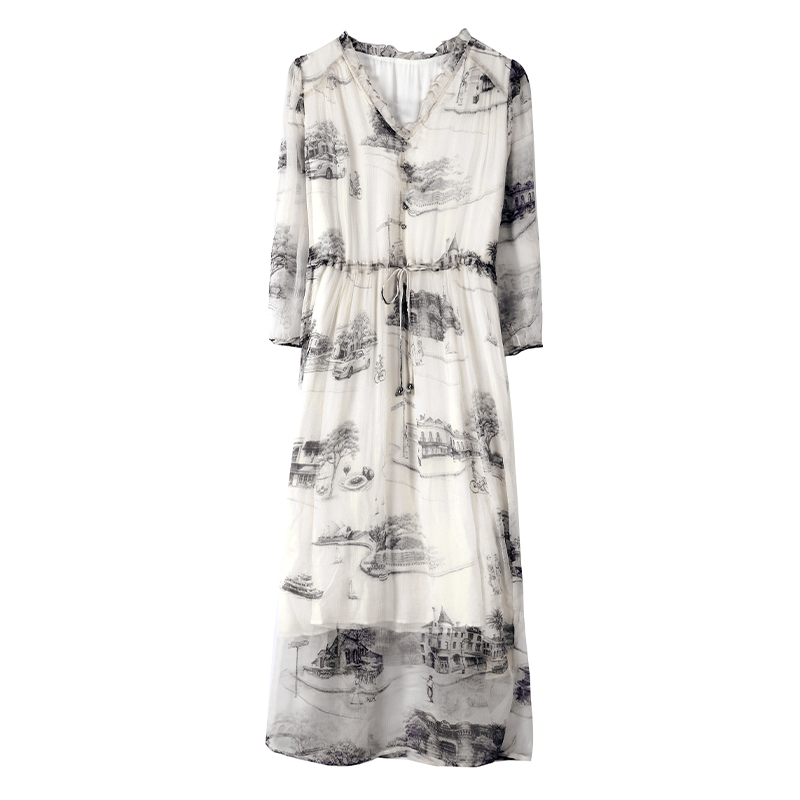 Slim real silk printing light luxury ink temperament dress