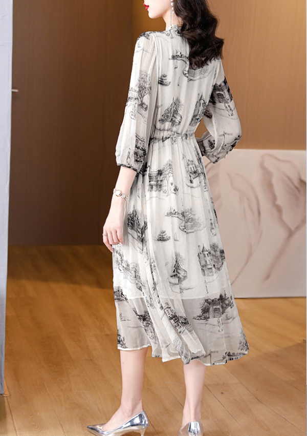 Slim real silk printing light luxury ink temperament dress