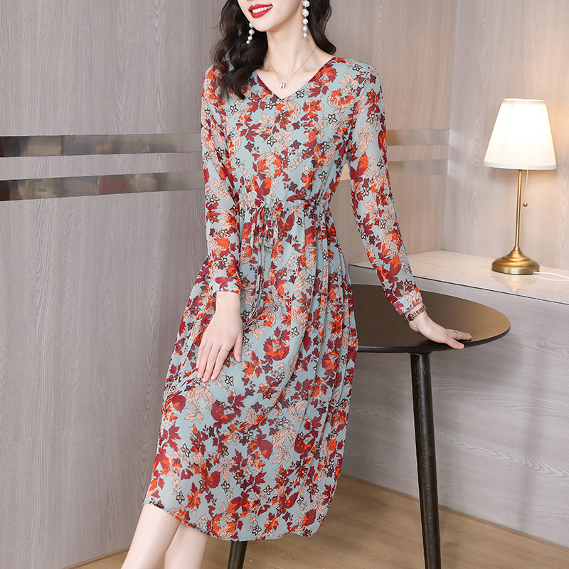 Autumn light pinched waist printing chiffon V-neck dress