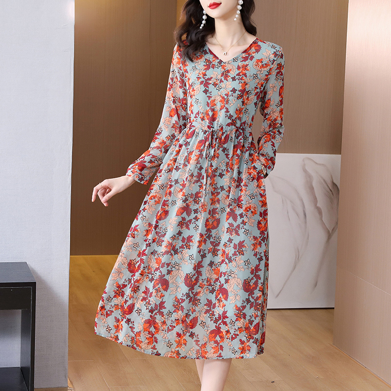 Autumn light pinched waist printing chiffon V-neck dress