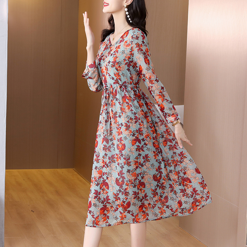 Autumn light pinched waist printing chiffon V-neck dress