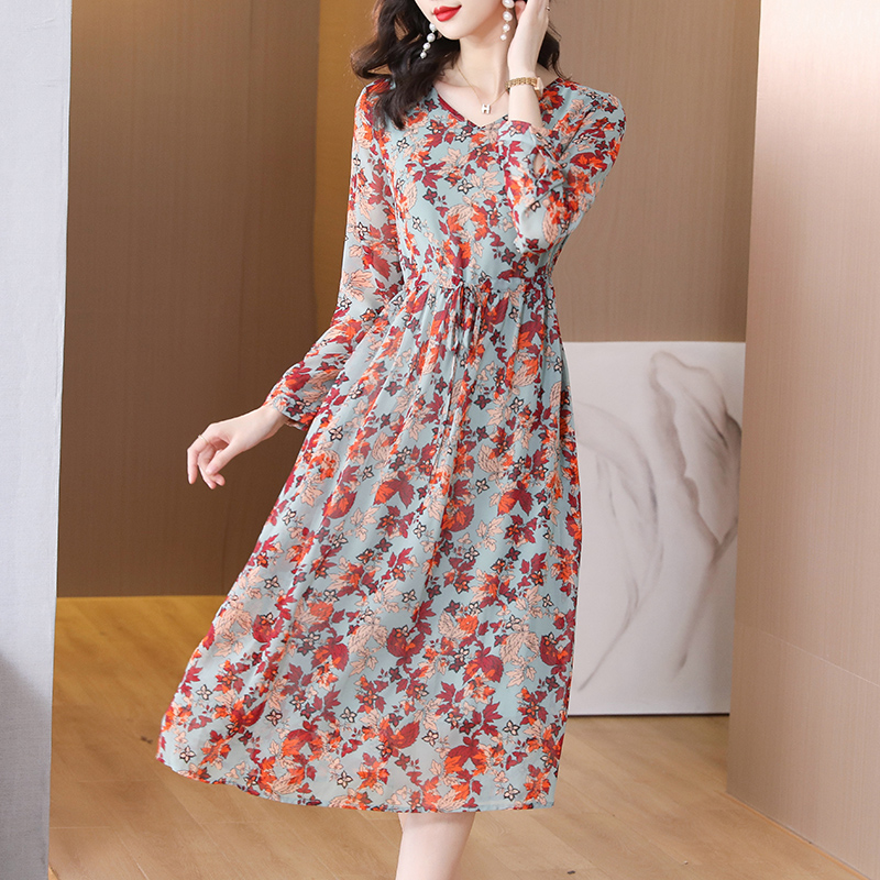 Autumn light pinched waist printing chiffon V-neck dress