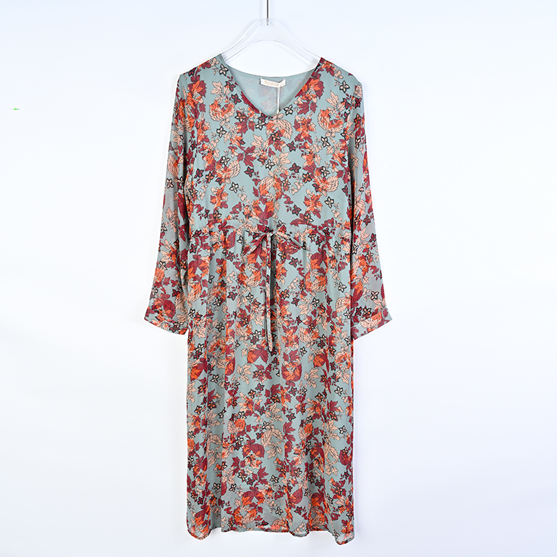 Autumn light pinched waist printing chiffon V-neck dress