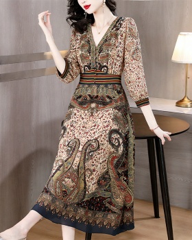 Long real silk retro summer printing silk dress for women