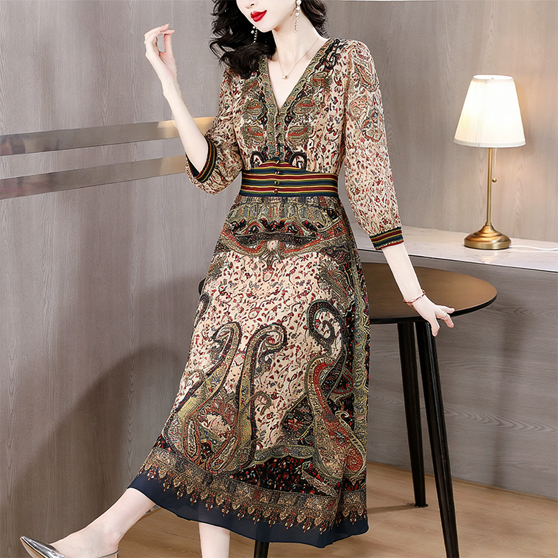 Long real silk retro summer printing silk dress for women