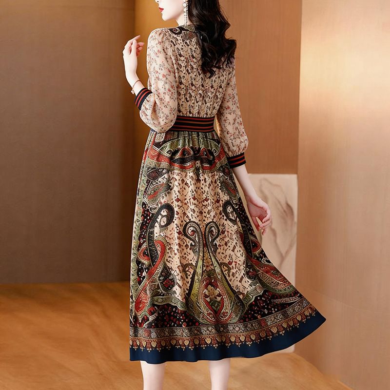Long real silk retro summer printing silk dress for women