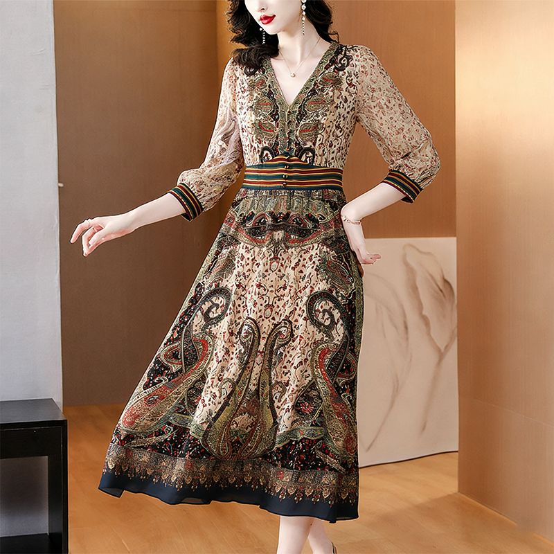 Long real silk retro summer printing silk dress for women