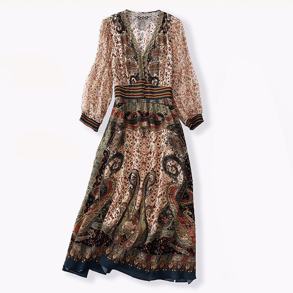 Long real silk retro summer printing silk dress for women