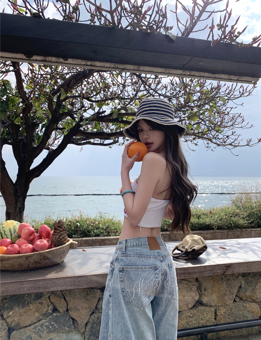 Washed handsome wide leg jeans for women