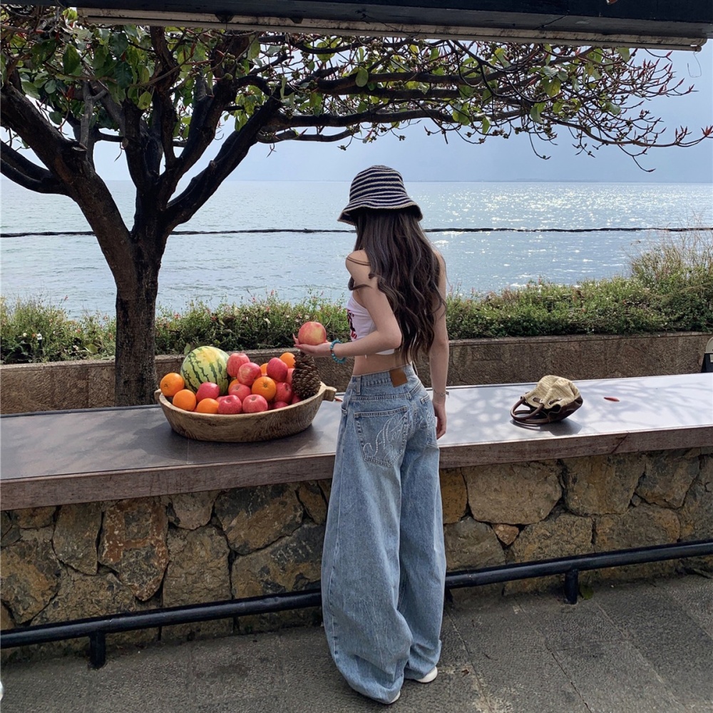 Washed handsome wide leg jeans for women