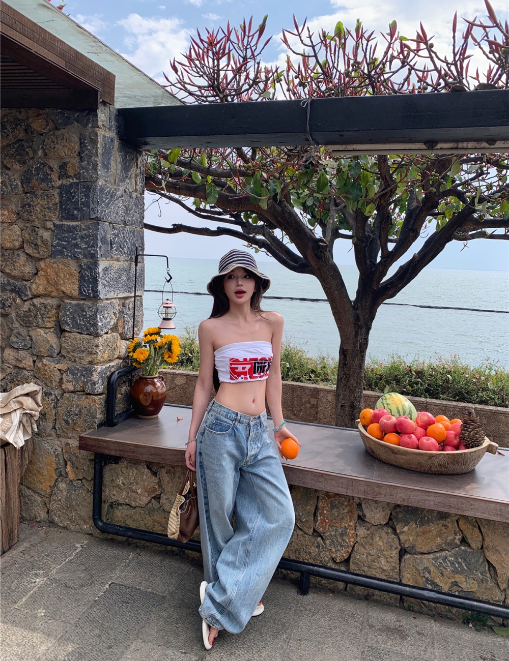 Washed handsome wide leg jeans for women