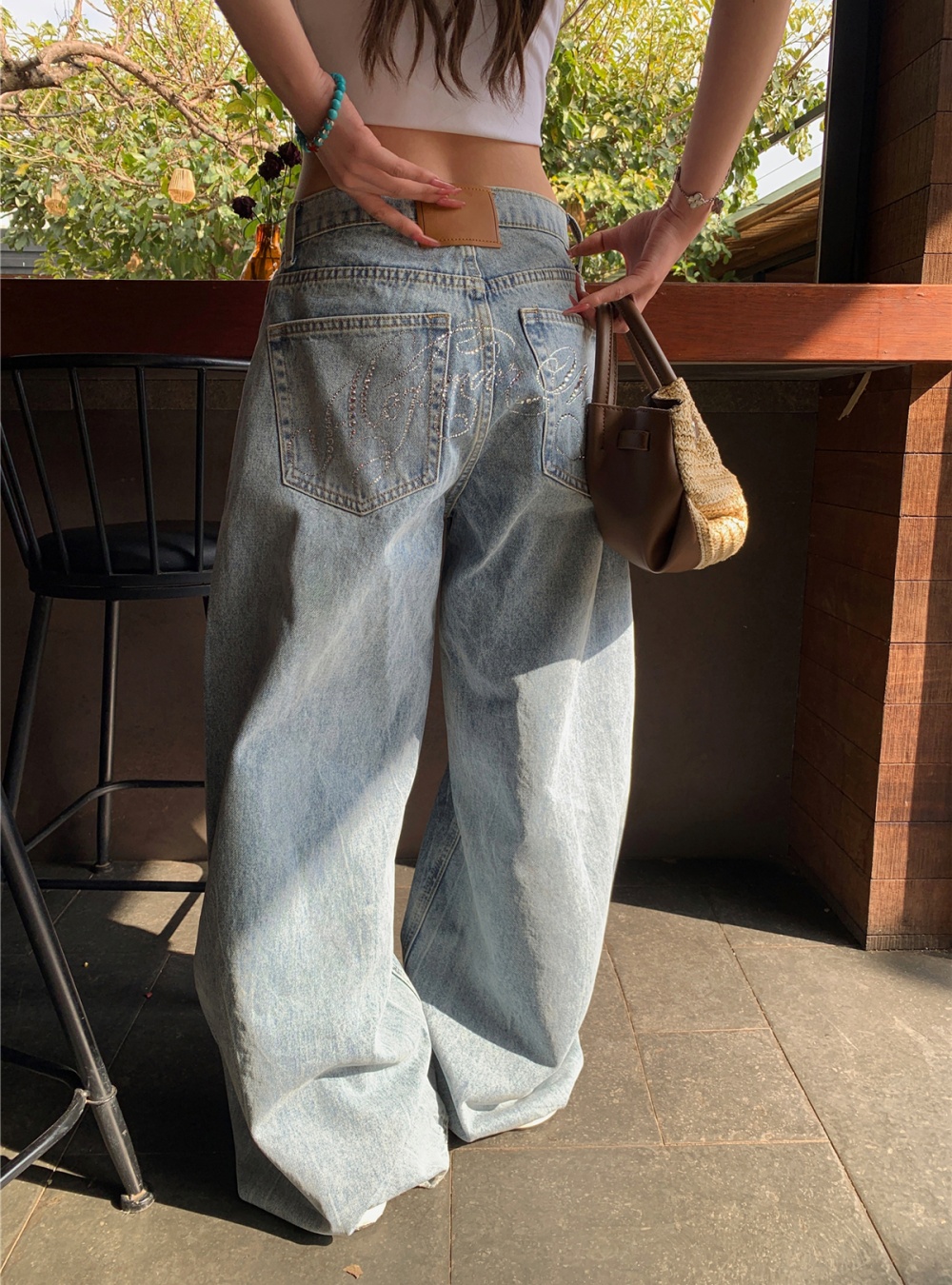 Washed handsome wide leg jeans for women