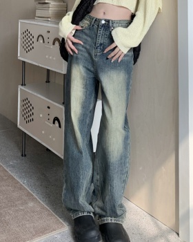 Retro high waist jeans wide leg washed long pants