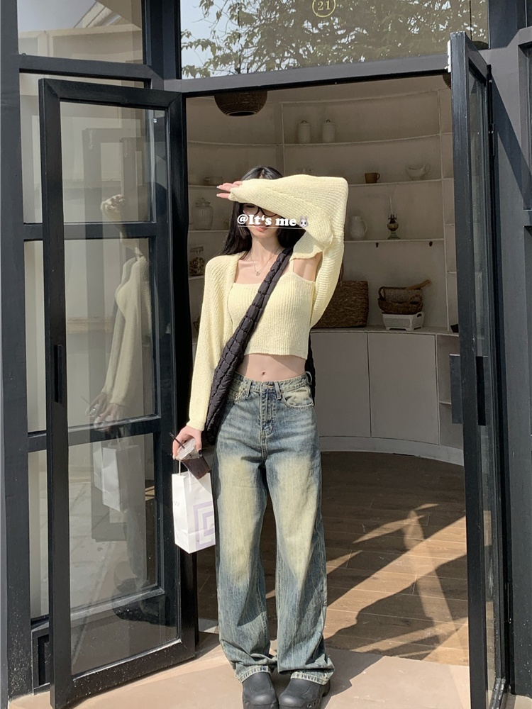 Retro high waist jeans wide leg washed long pants