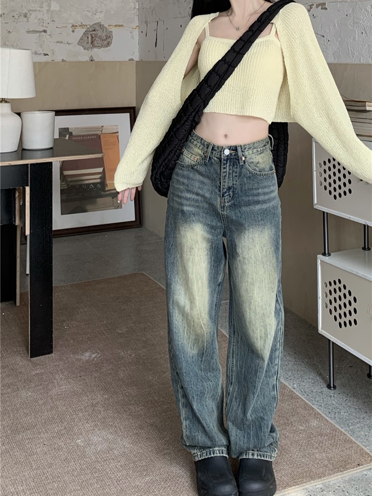 Retro high waist jeans wide leg washed long pants