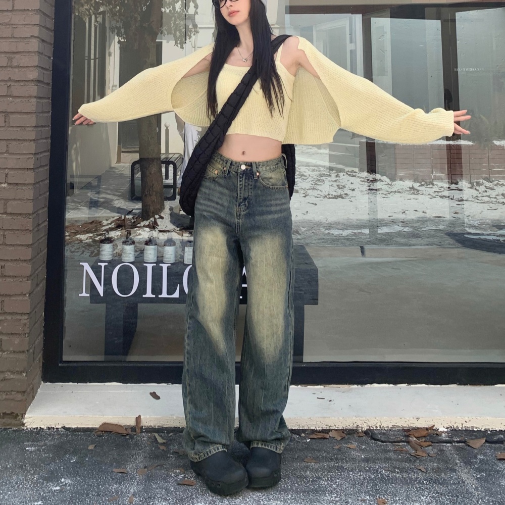 Retro high waist jeans wide leg washed long pants