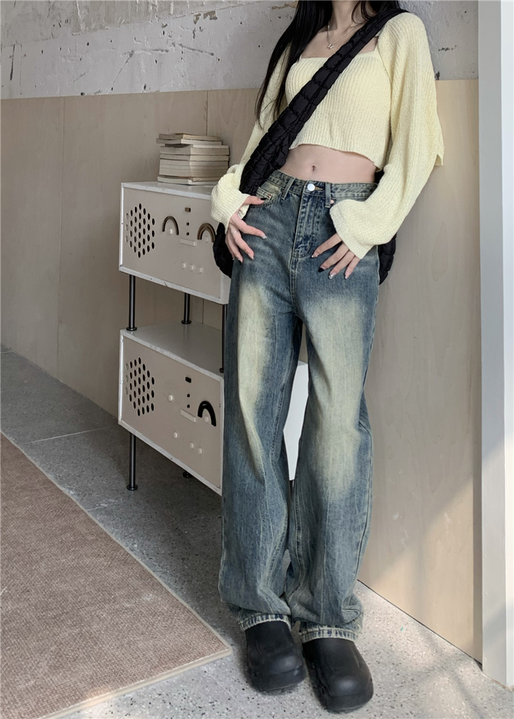 Retro high waist jeans wide leg washed long pants