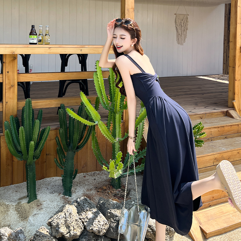 Summer halter square collar dress strap folds vest