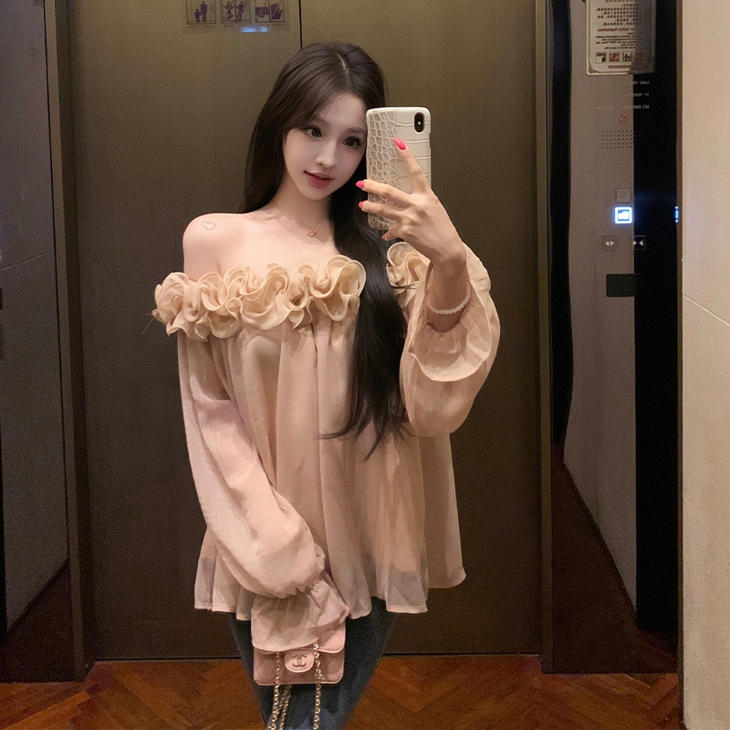 Tender flat shoulder shirt France style pink tops for women