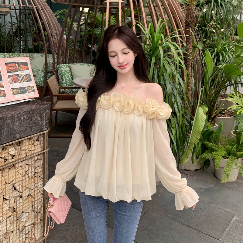 Tender flat shoulder shirt France style pink tops for women