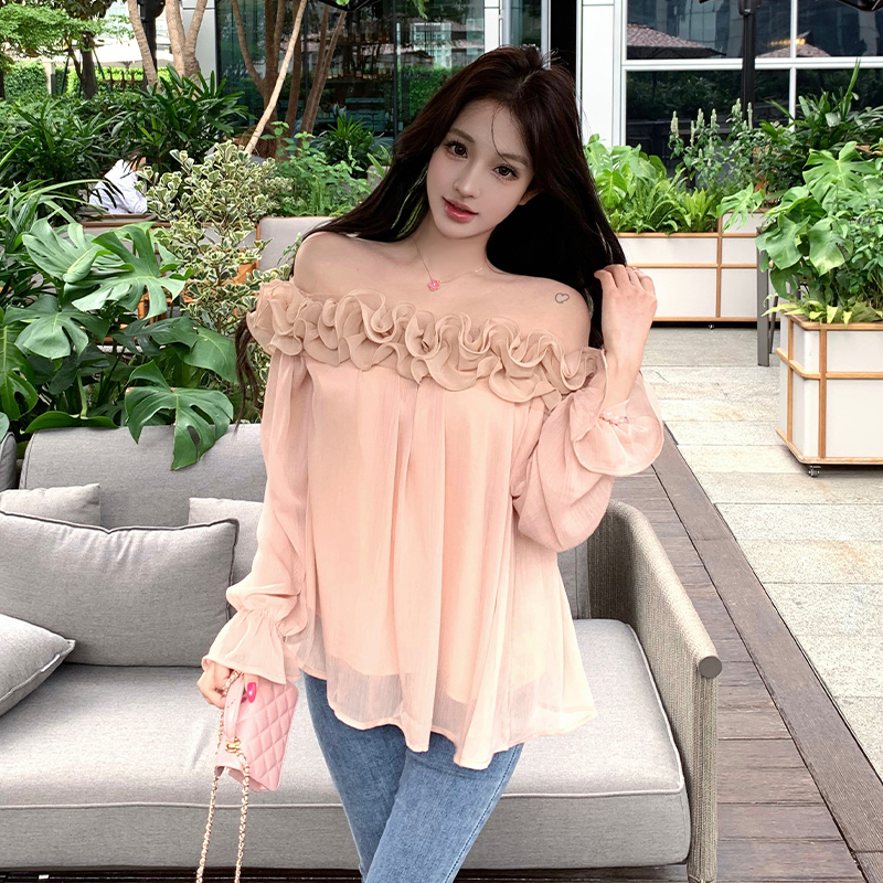 Tender flat shoulder shirt France style pink tops for women
