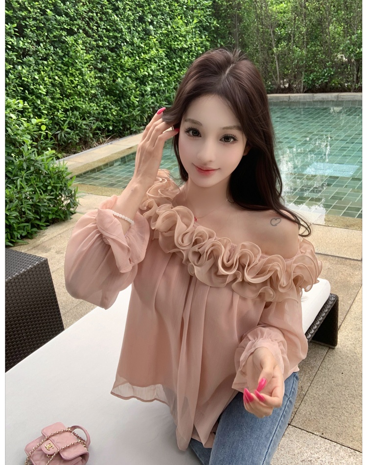 Tender flat shoulder shirt France style pink tops for women