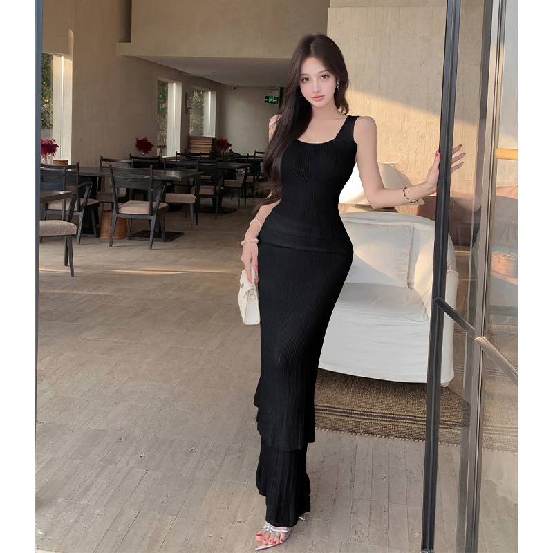 High waist summer slim skirt double crimp tops a set