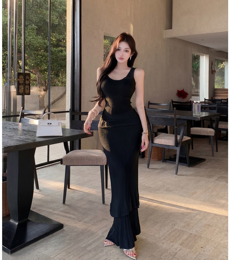 High waist summer slim skirt double crimp tops a set