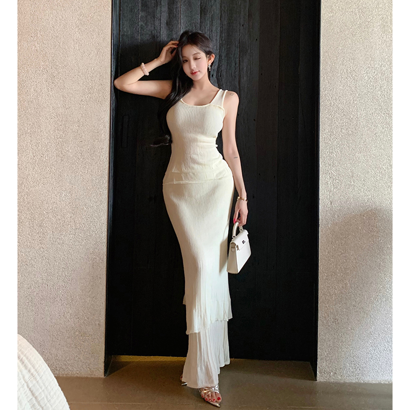 High waist summer slim skirt double crimp tops a set