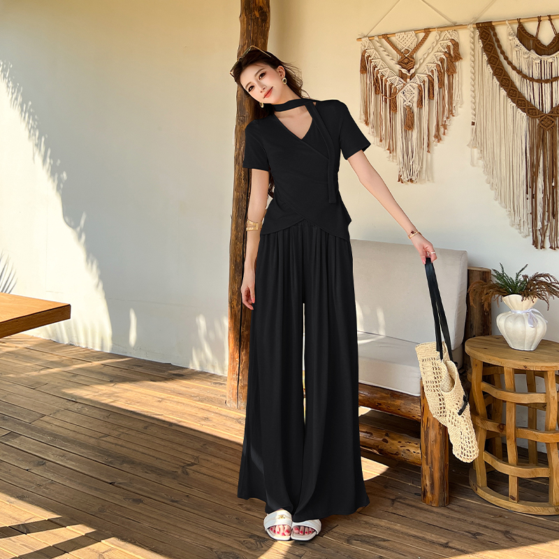 Wide leg long pants summer tops a set for women